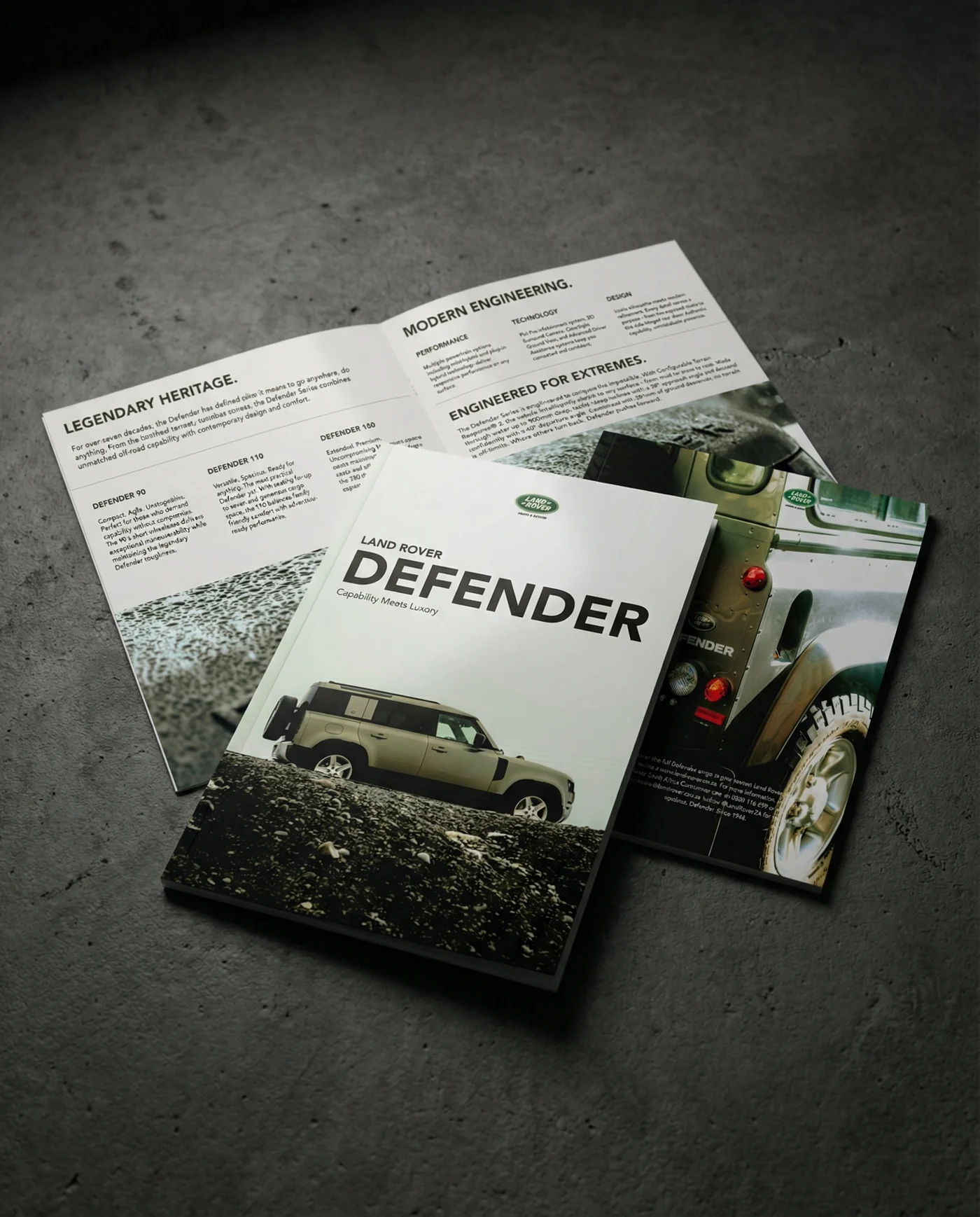 Automotive brochure study with structured editorial pages.