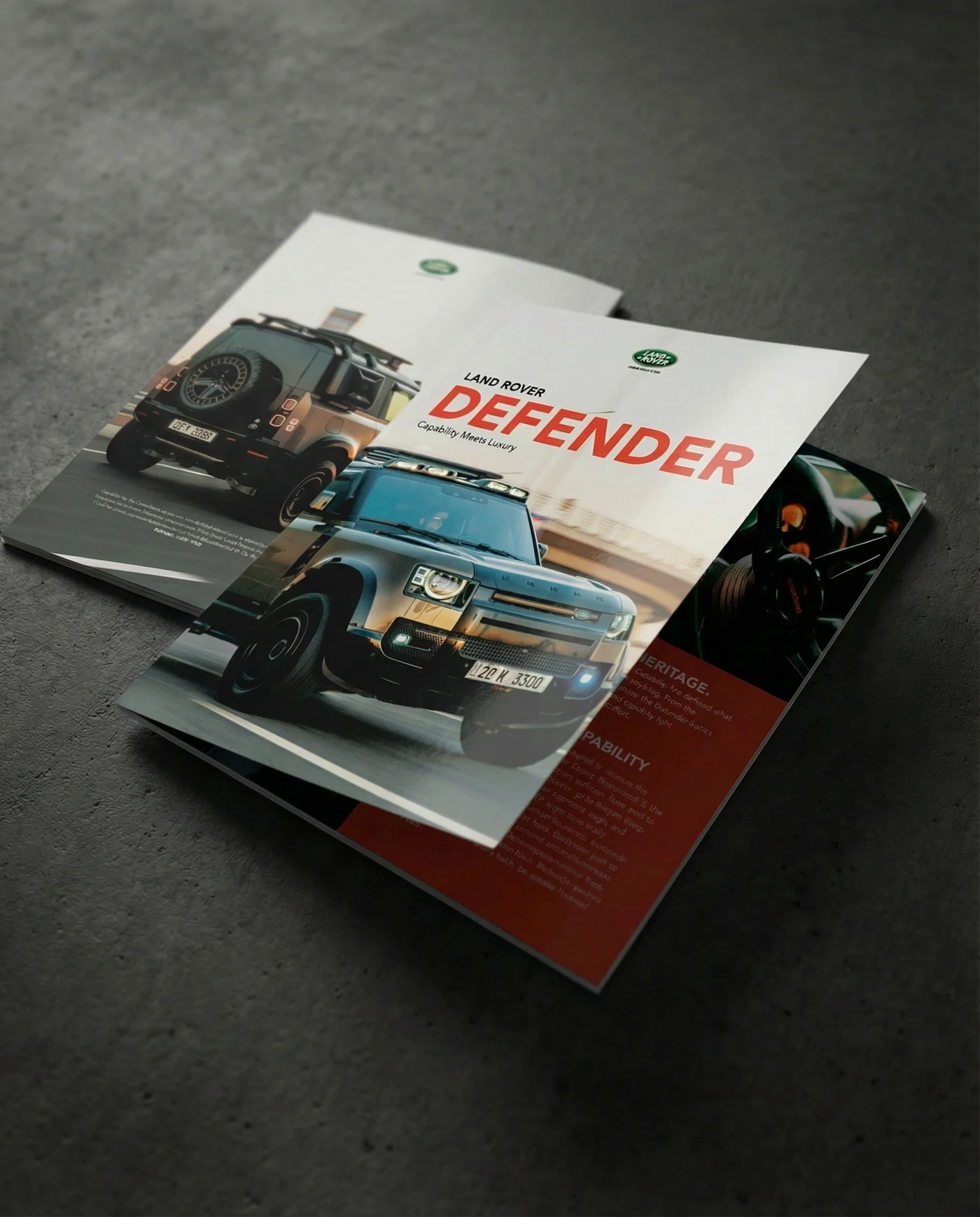 Automotive brochure study exploring imagery and expressive page layouts.