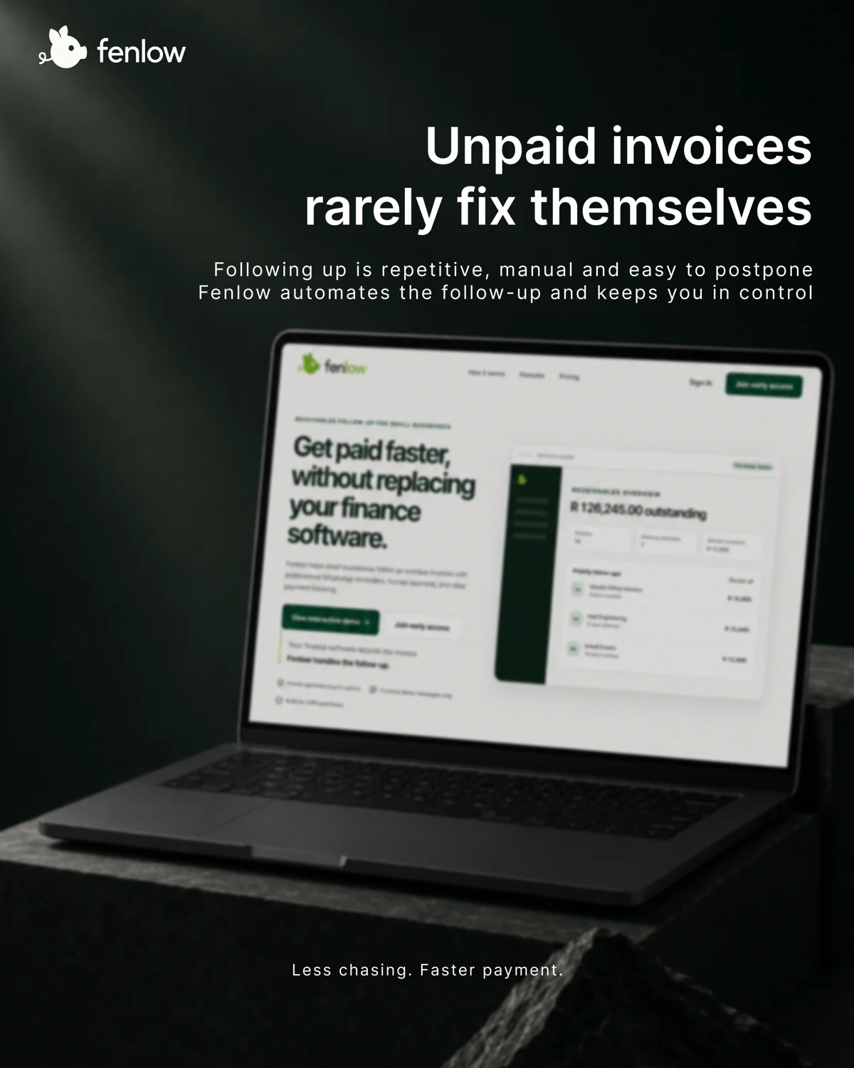 Fenlow receivables campaign showing an interface on a laptop.