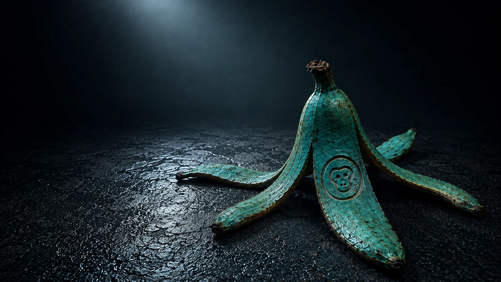 A sculptural teal banana peel bearing TheOddtail monkey emblem, lit against a dark textured surface.