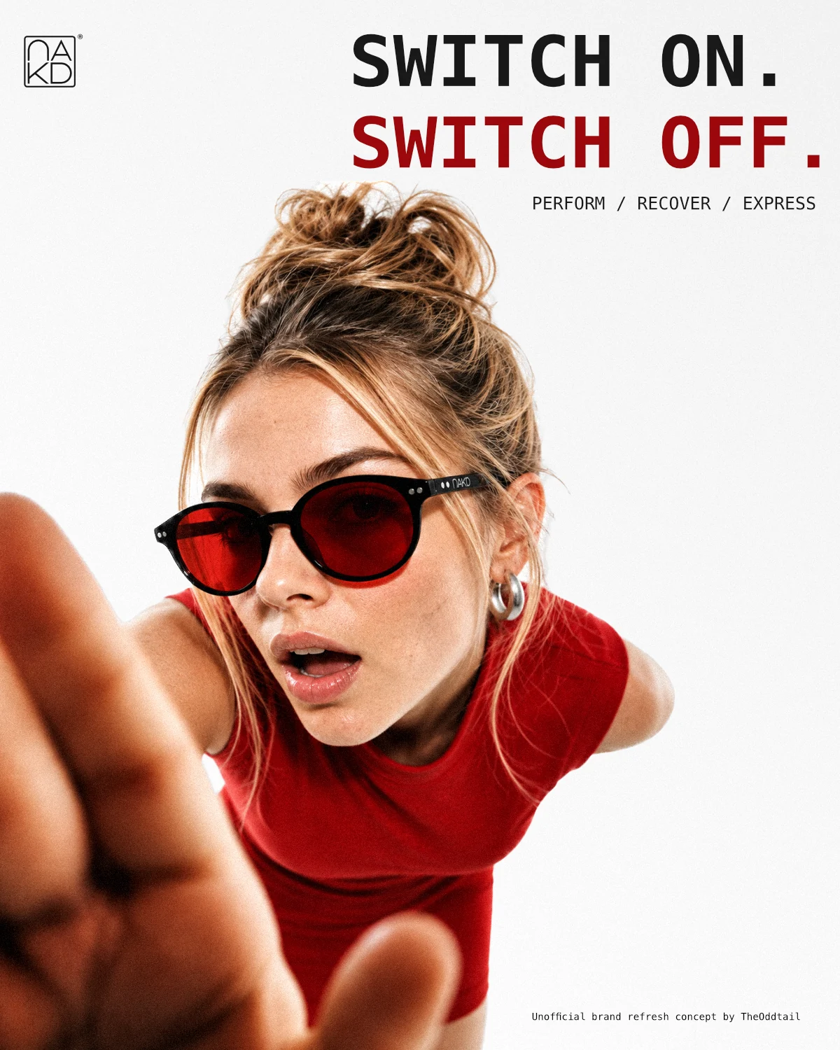 Red-lens eyewear portrait with the campaign headline “Switch on. Switch off.”