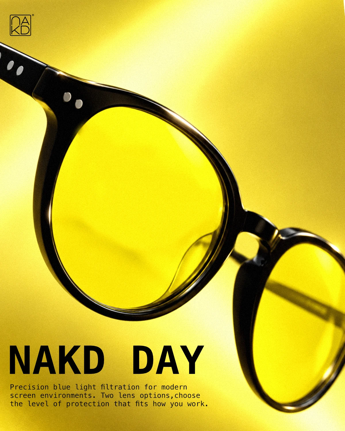 NAKD Day: black eyewear and yellow lenses against a bright yellow background.
