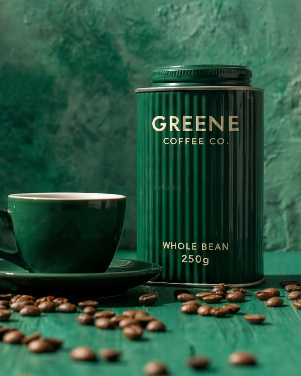 Independent AI-assisted GREENE Coffee Co. study: green coffee tin, cup and beans on a green surface.