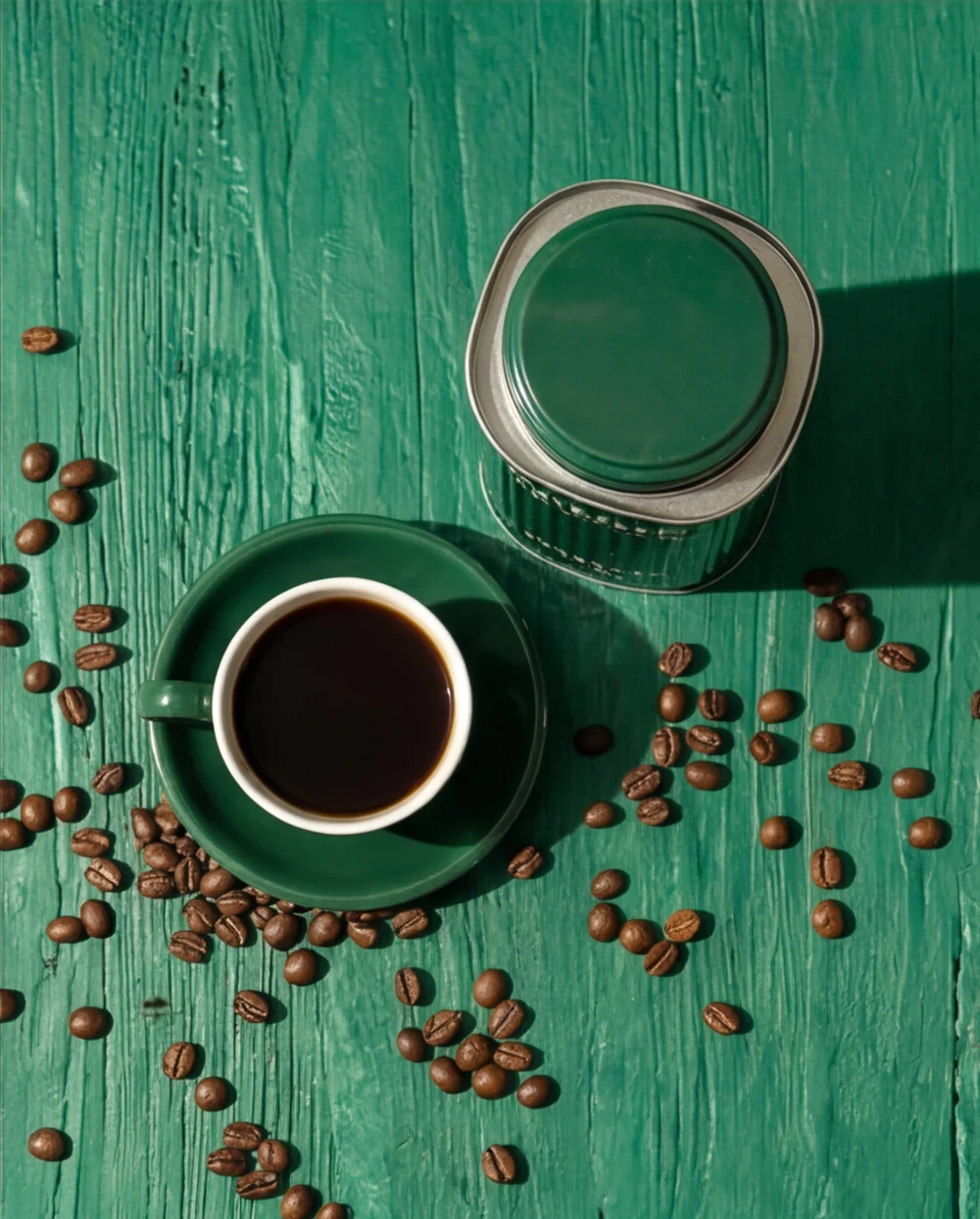 Independent AI-assisted coffee study: overhead view of a cup, green tin and scattered coffee beans.
