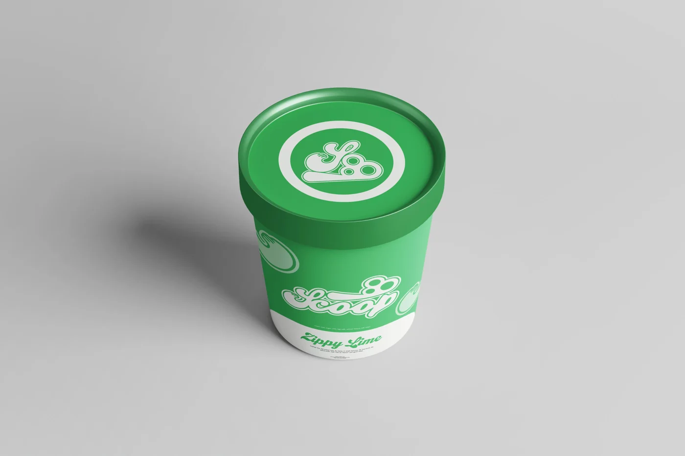Green Scoop ice cream tub showing the logo and packaging application.