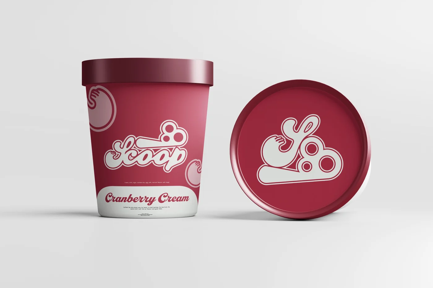 Burgundy Scoop ice cream tub and matching lid.