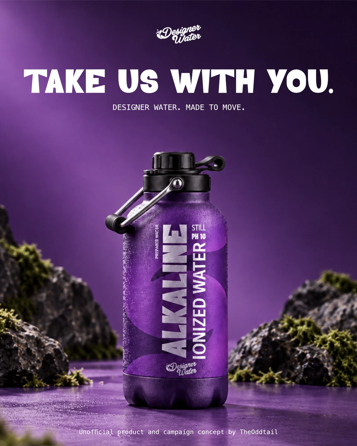 Violet reusable bottle concept in an outdoor rock landscape, with “Take us with you” campaign copy.