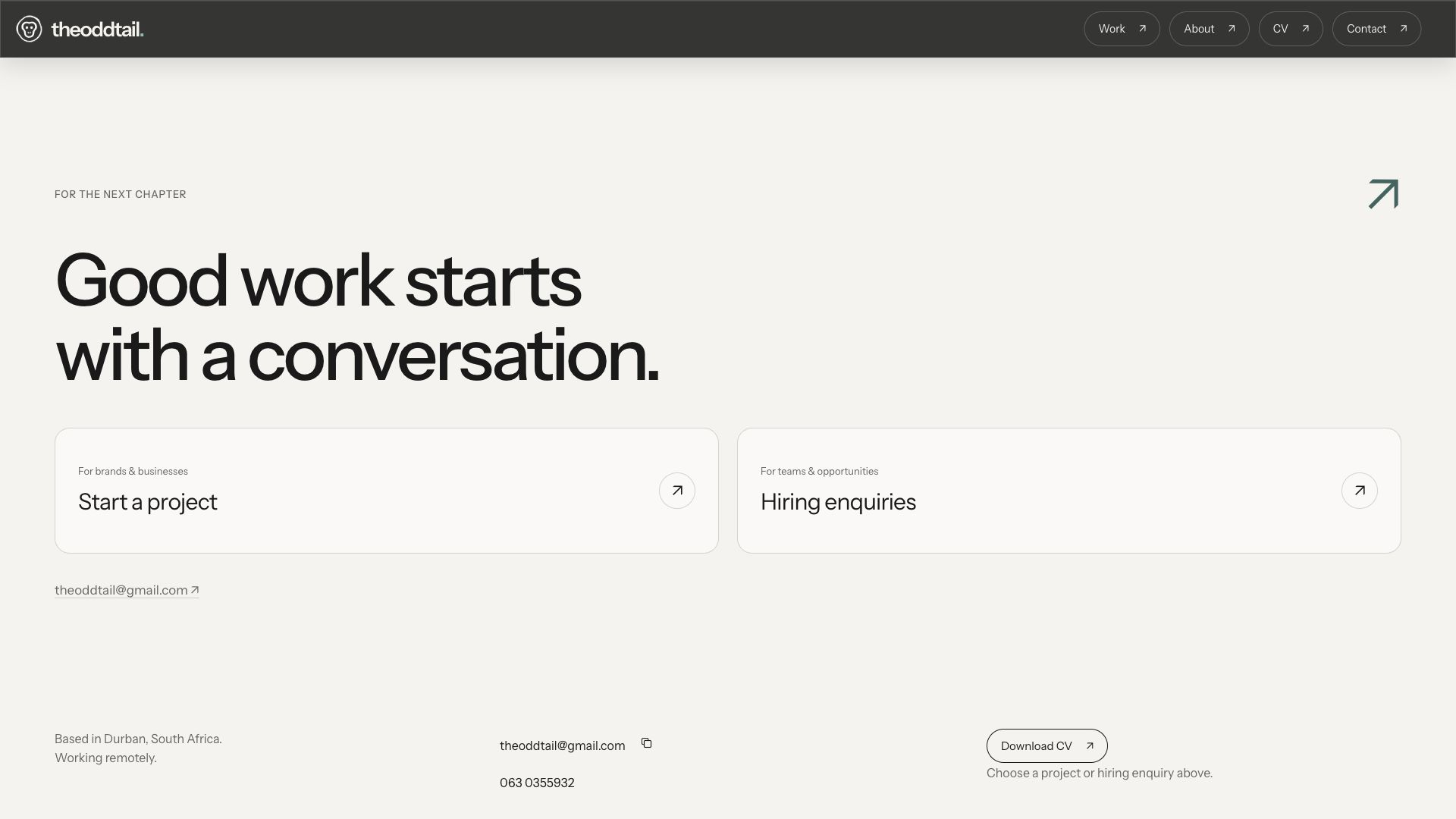 Actual desktop contact page with project and hiring enquiry cards arranged side by side.