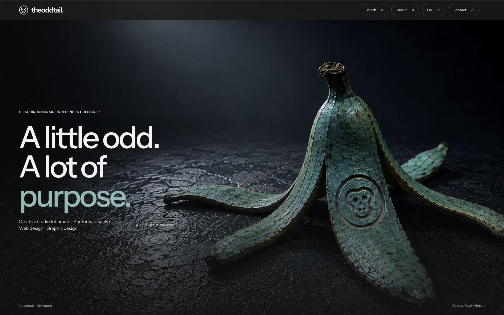 Actual desktop homepage with TheOddtail’s teal banana artwork, large headline and horizontal navigation.