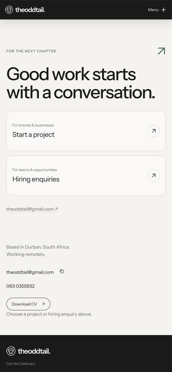 Actual mobile contact page with project and hiring choices stacked vertically and direct contact details below.