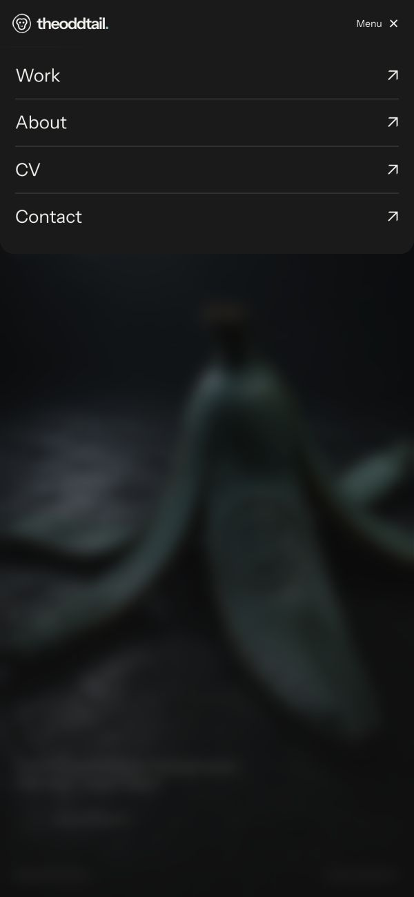 Actual open mobile menu: Work, About, CV and Contact on one ink surface above the blurred homepage.